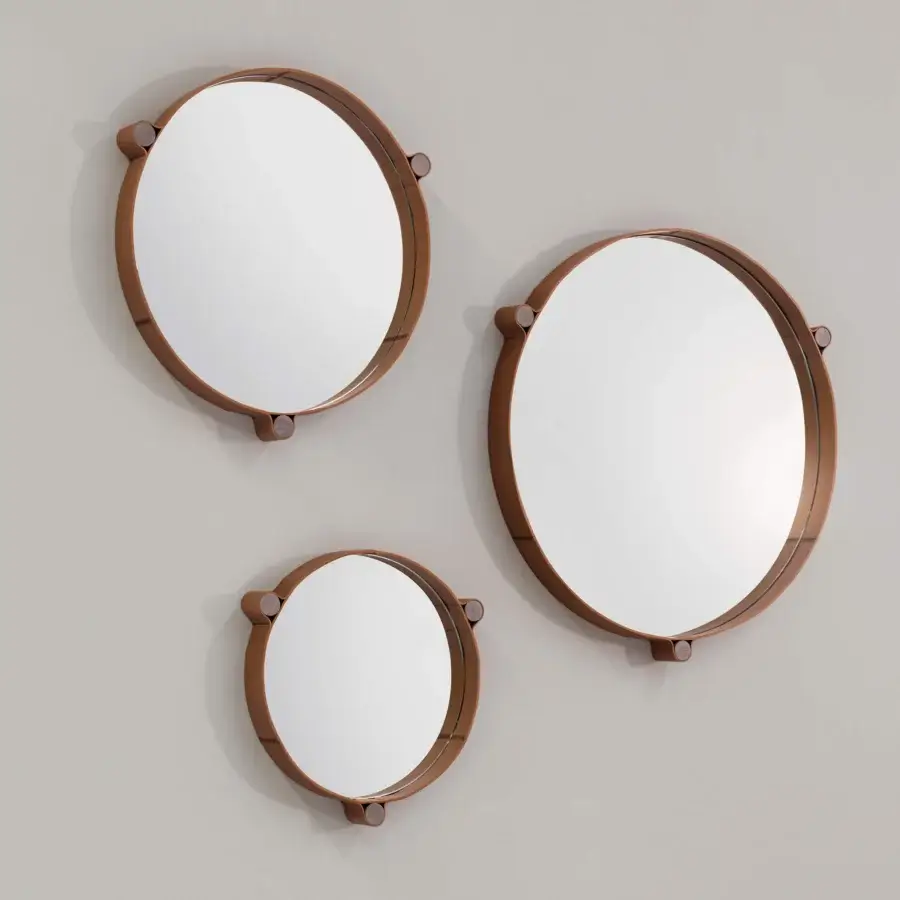 Distinguished Cierre1972 Miro mirror set with reddish-brown wood and fine leather frames in a contemporary composition