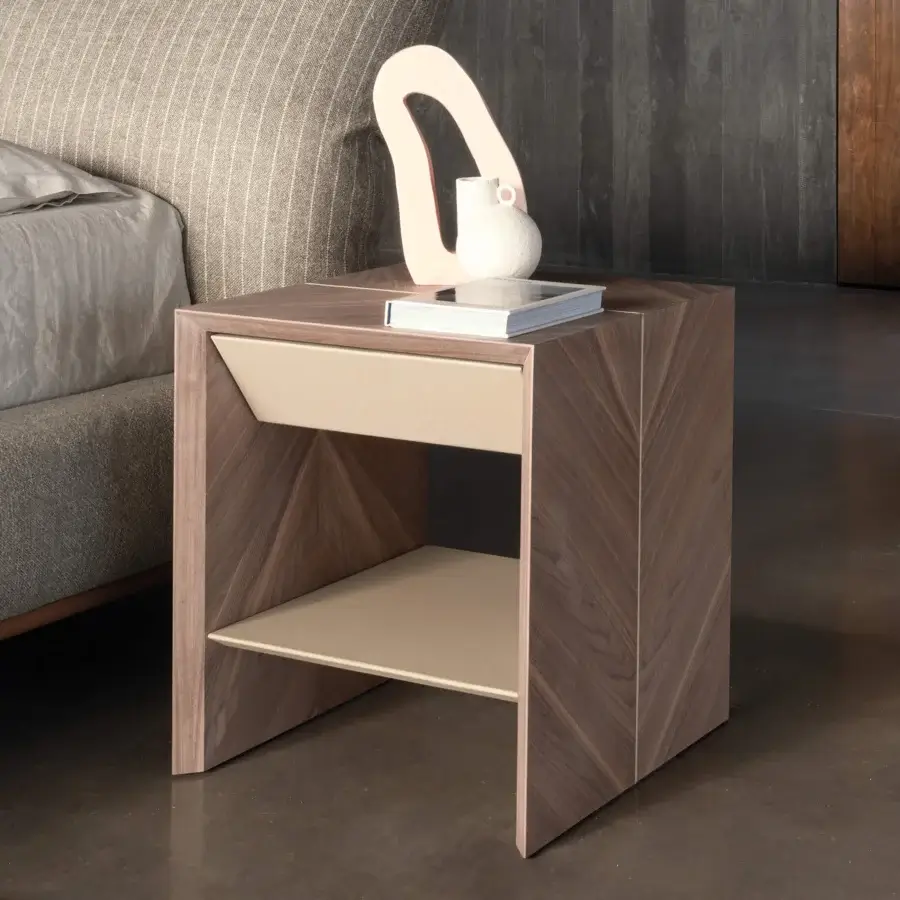 Distinguished Cierre1972 Avalon nightstand in richly grained wood with satin finish and subtle beige inset offering sculptural design