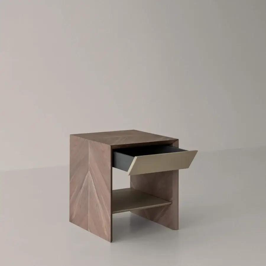 Sophisticated Cierre1972 Avalon nightstand crafted in chevron-patterned wood with a light wood interior and satin finish