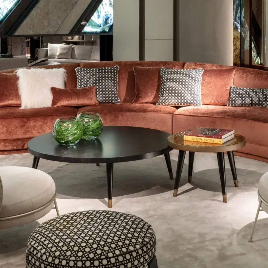 Distinguished Sicis Peggy round side & coffee table with ebony tabletop and lacquered wood base built with coated lacquered finishes and brass details
