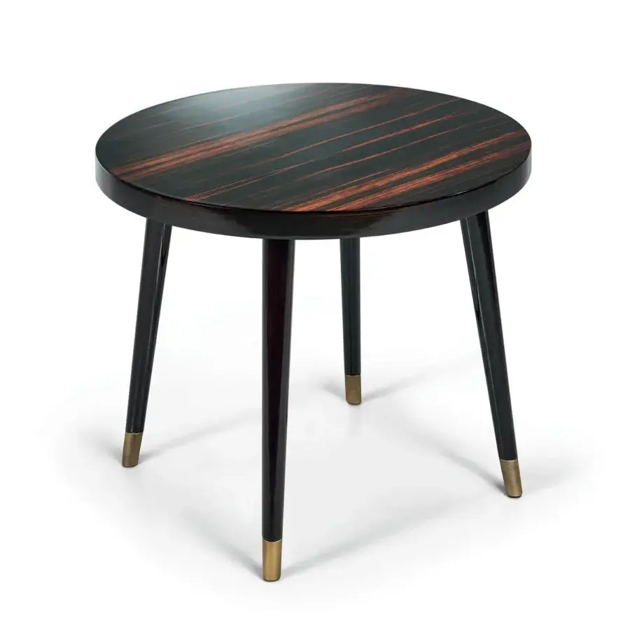 Distinguished Sicis Peggy round side & coffee table with ebony tabletop and deep brown satin-finish lacquered wood legs