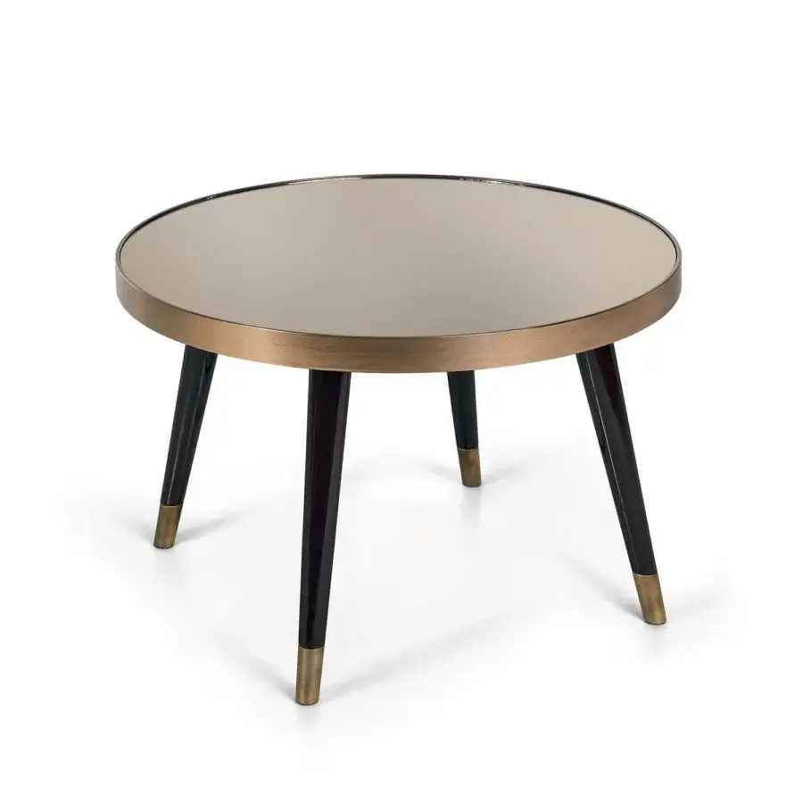 Elegant Sicis Peggy round side & coffee table with bronzed reflective tabletop and brassy golden metallic band built with lacquered wood legs