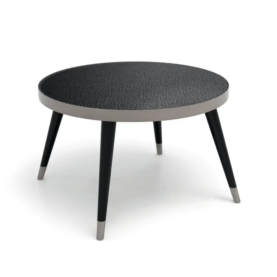 Distinguished Sicis Peggy round side & coffee table with dark dot patterned tabletop and lacquered wood legs with polished metal caps