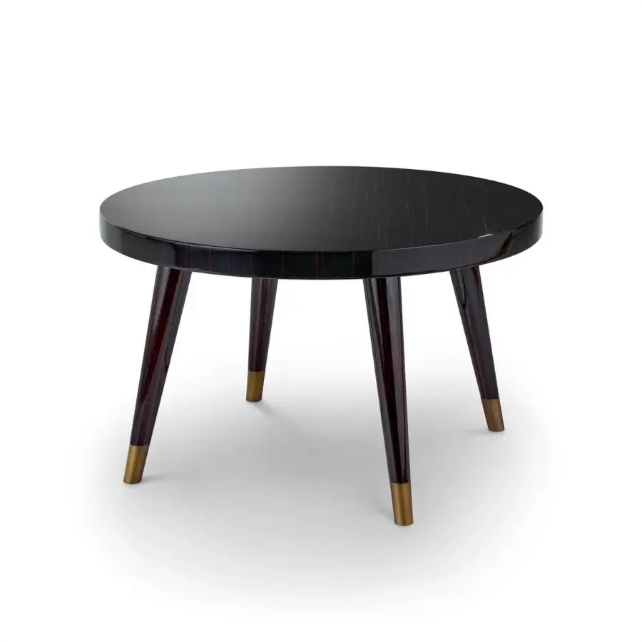 Superior Sicis Peggy round side & coffee table with ebony tabletop and lacquered wood legs finished with polished gold-toned metal caps