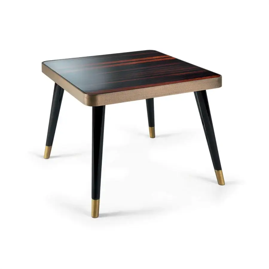 Elegant Sicis Peggy Square side & coffee table with ebony tabletop and lacquered wood legs built with a metallic border