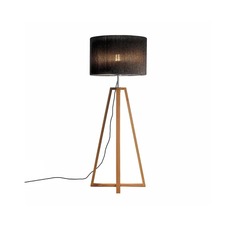 Distinguished Royal Botania Club floor lamp with teak wood base and electro-polished stainless steel support in a textured black lampshade