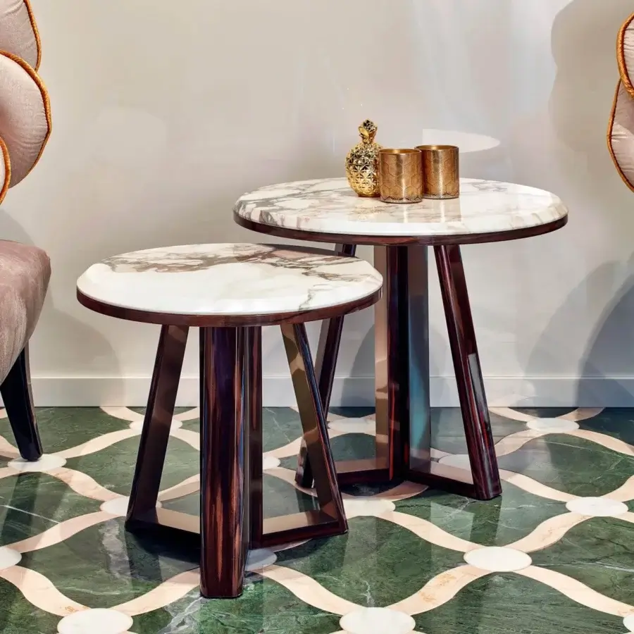Superior Sicis Ray side & coffee table with Calacatta Gold marble and ebony, crafted in Italy with a high-gloss finish