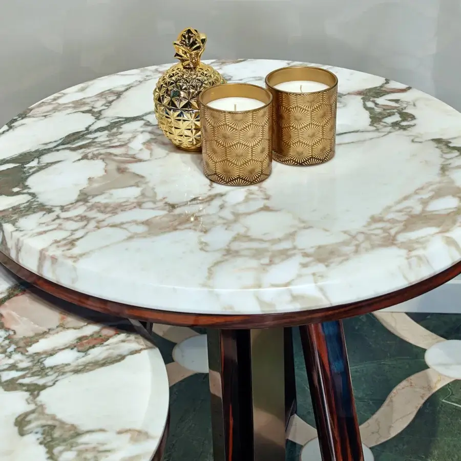 Superior Sicis Ray side & coffee table with ebony base and Calacatta Gold marble top finished with high-gloss polish