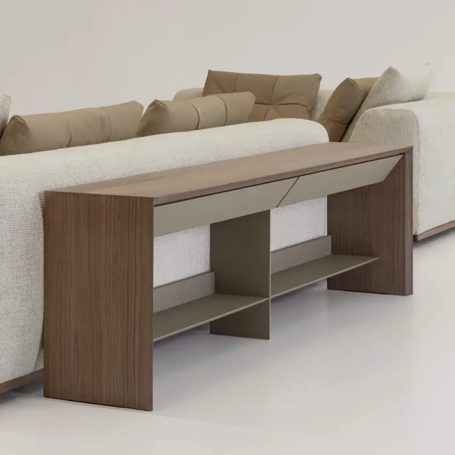 Distinguished Cierre1972 Avalon console in medium-brown wood with a satin finish and muted olive-green metal frame