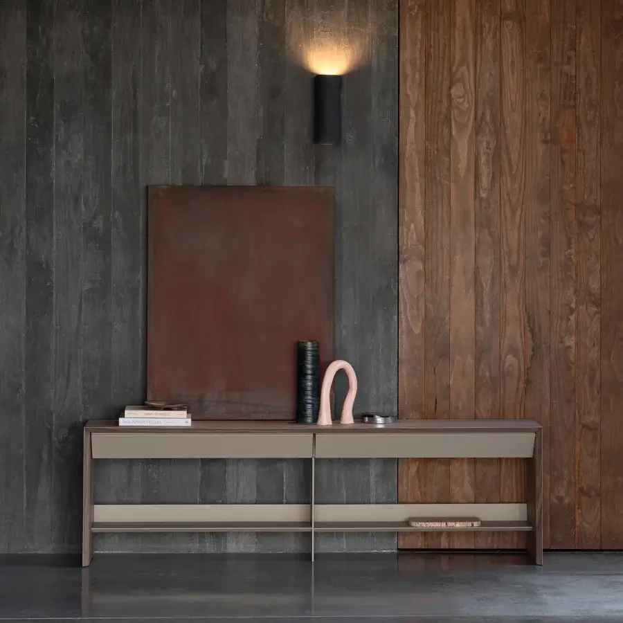 Exceptional Cierre1972 Avalon console crafted in contrasting light and dark wood with a satin finish