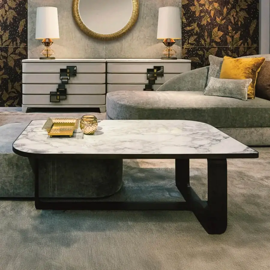 Distinguished Sicis Visconti coffee table crafted in polished Calacatta Gold marble with a lacquered geometric metal base