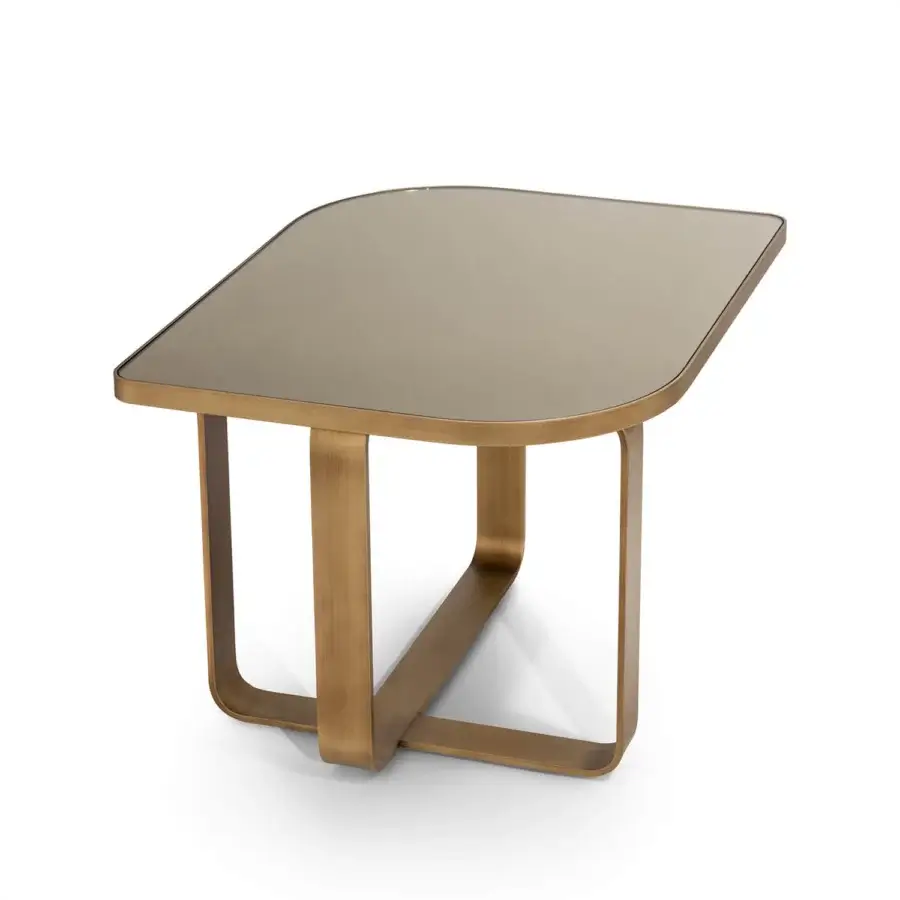 Exceptional Sicis Visconti side table with warm gold-toned metal frame and tinted glass tabletop built in Italy