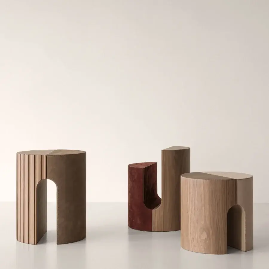 Exceptional Cierre1972 Twins side table crafted in warm medium brown wood with a satin finish and arched opening