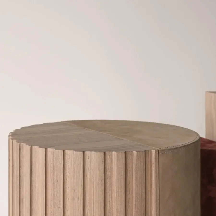 Elegant Cierre1972 Twins side table in light beige wood with a muted olive green uniquely stitched tabletop