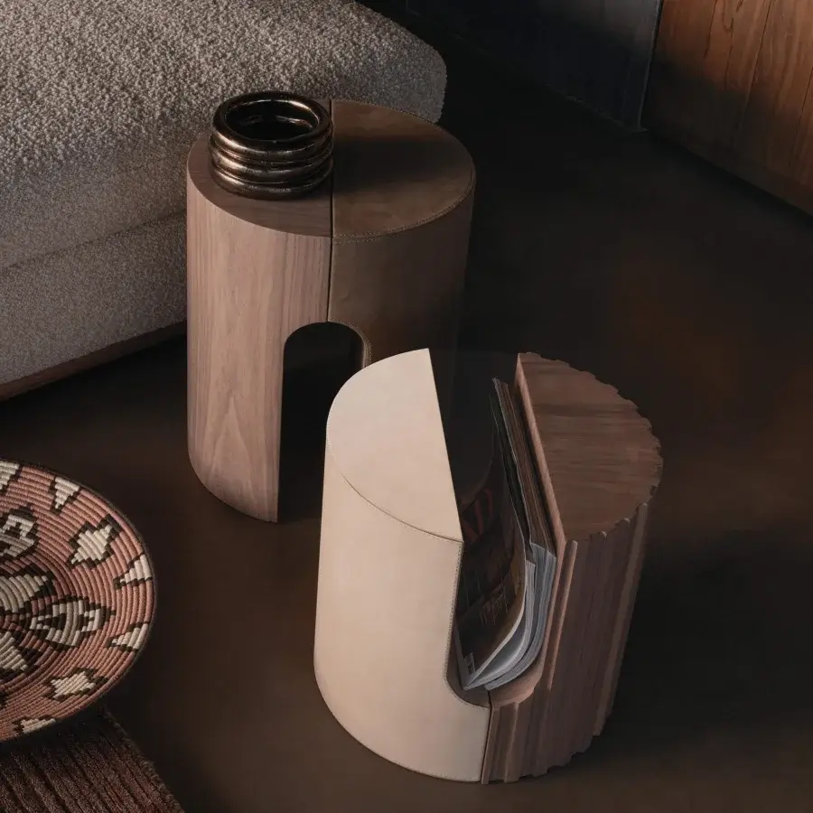 Stunning Cierre1972 Twins side table with solid wood modules in light beige and medium brown hues and satin finish