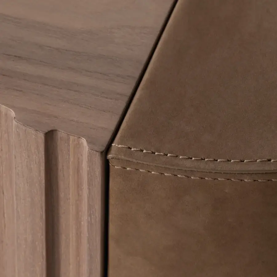 Exceptional Cierre1972 Twins side table with a light-to-medium brown wood frame and deeper brown textured textile surface built with visible stitching