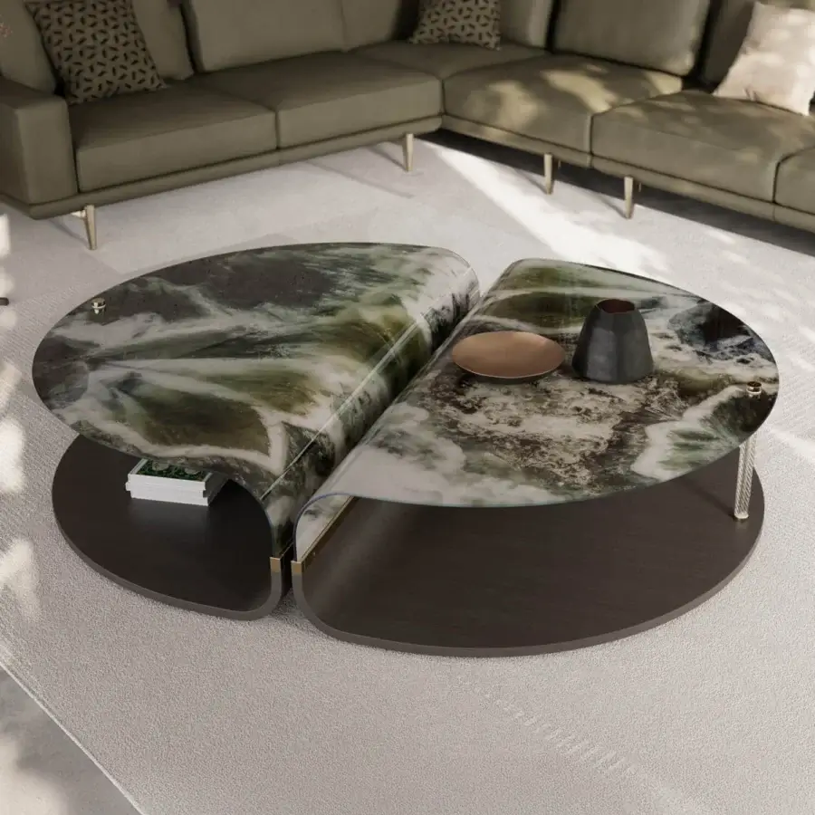 Exceptional Sicis Mars coffee table with swirling green, white, and grey polished stone atop a dark wood satin finish base