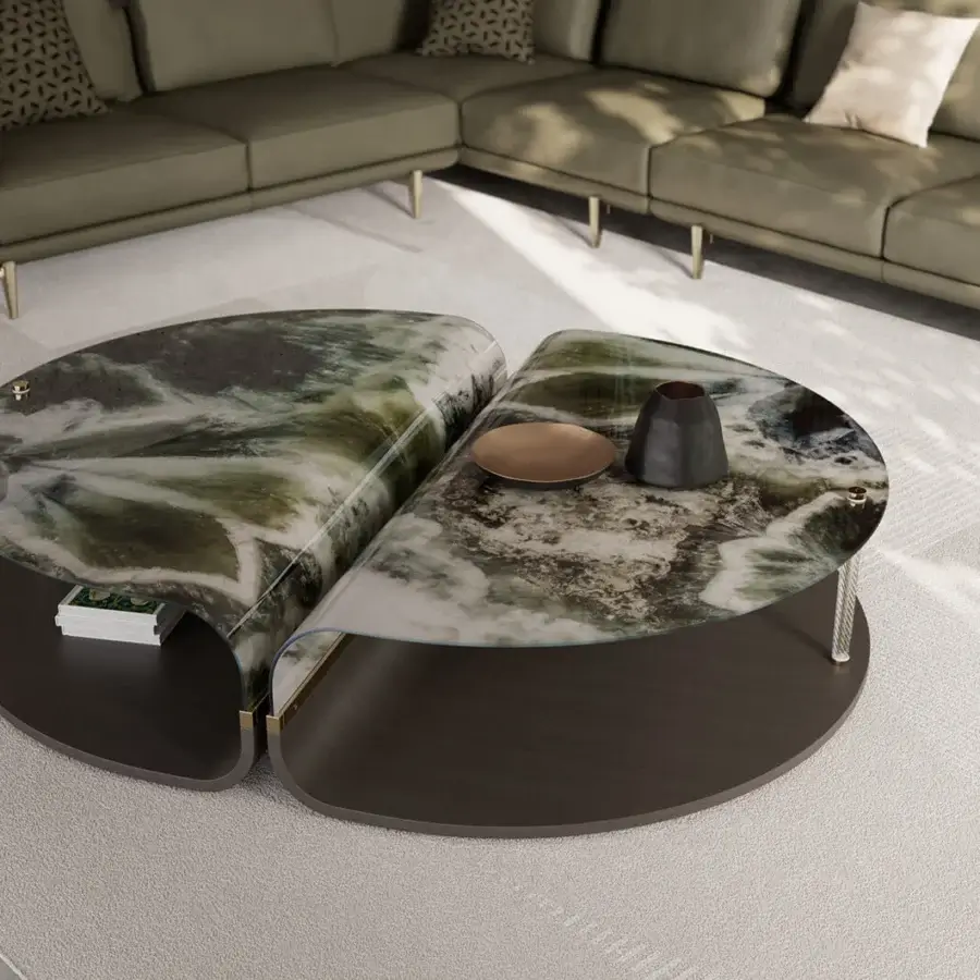 Superior Sicis Mars coffee table with swirling green and grey marbled glass and dark wood base built with champagne-finished metal