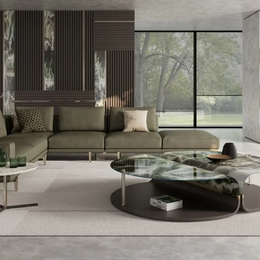 Captivating Sicis Mars coffee table with curved glass displaying swirling green and white tones plus dark brown wood and champagne metal inserts