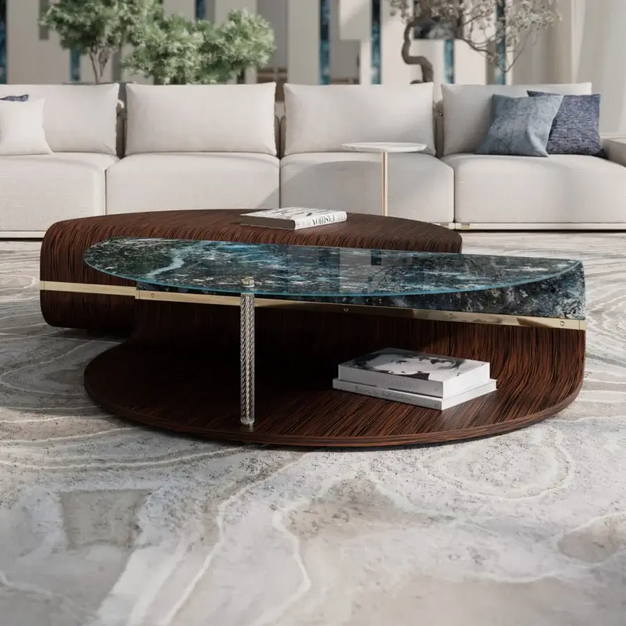 Exceptional Sicis Mars coffee table with dark brown wood and curved glass displaying swirling blue and gray patterns in satin finish
