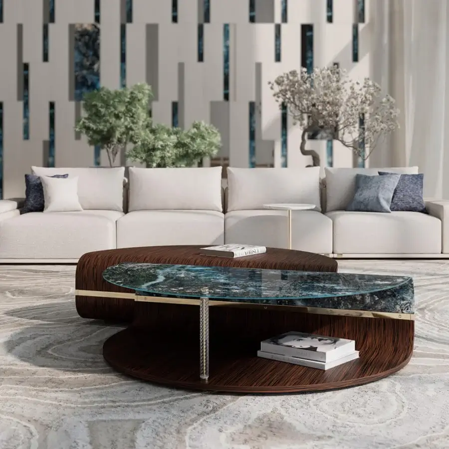 Refined Sicis Mars coffee table with dark wood, vibrant marbled glass inset, and champagne-finished metal support crafted with a glossy finish