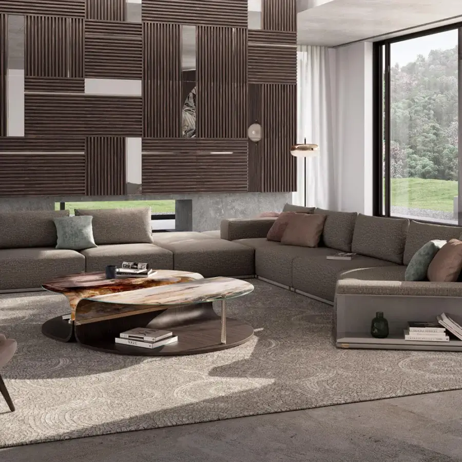 Distinguished Sicis Mars coffee table with curved glass displaying amber and cream patterns, built with dark wood and champagne metal inserts