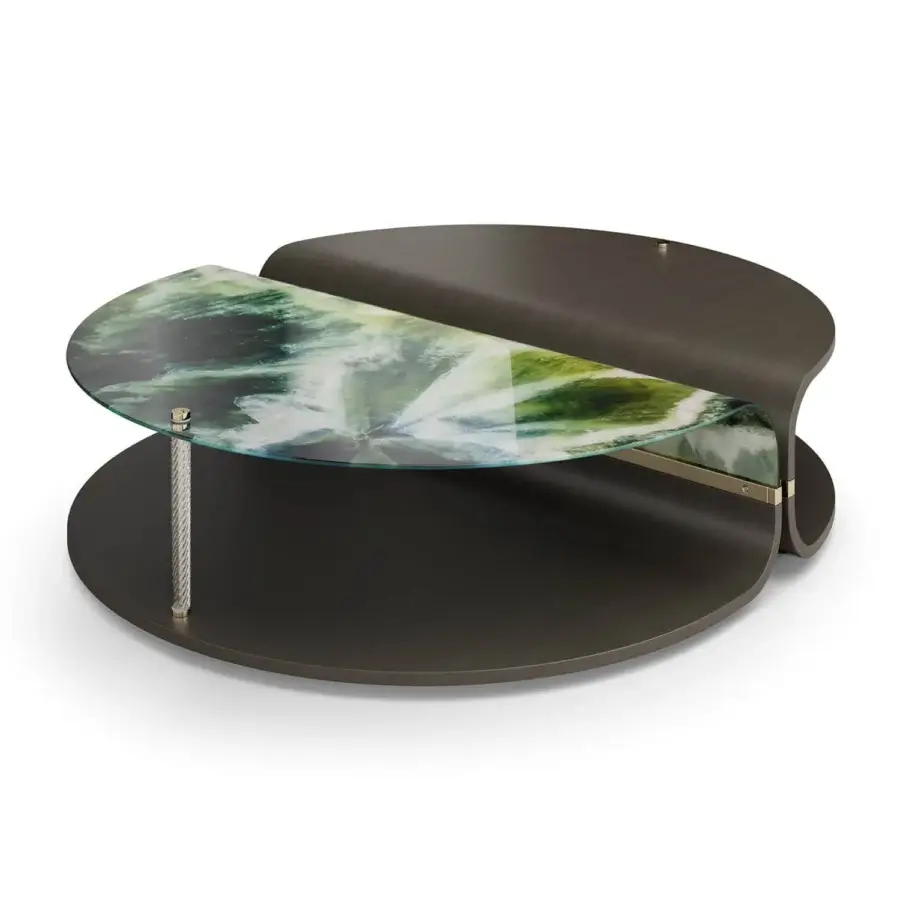 Superior Sicis Mars coffee table with curved glass displaying green and white mottled patterns, dark wood base and champagne metal inserts