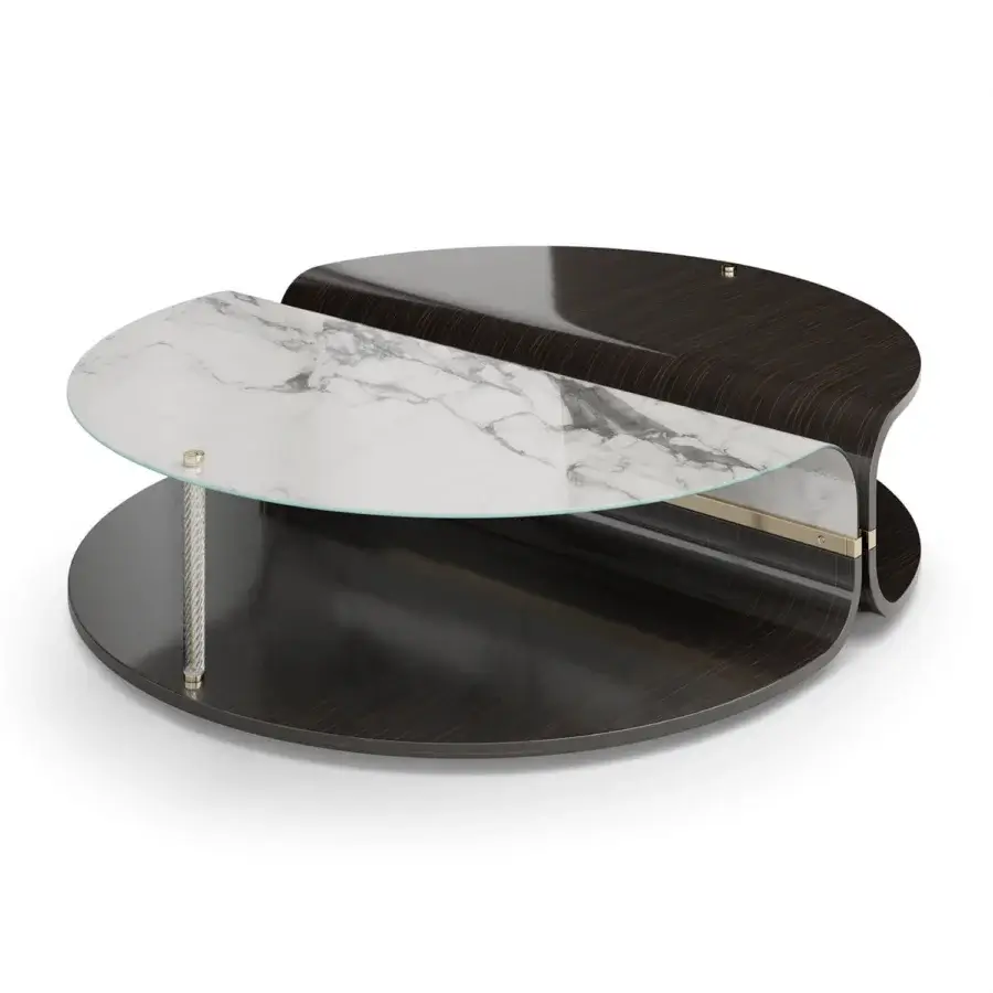 Distinguished Sicis Mars coffee table with bi-level design, curved glass displaying a marble pattern and glossy champagne metal inserts