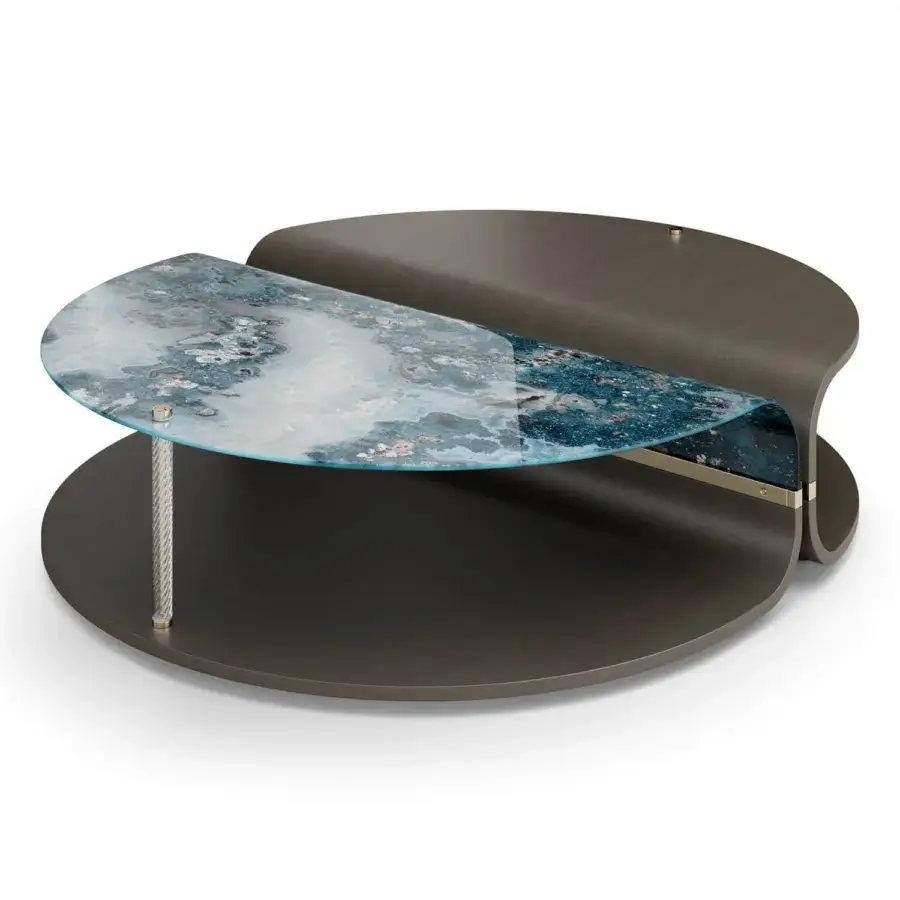 Distinguished Sicis Mars coffee table crafted with curved wood, marbled glass, champagne metal inserts and decorated glass core