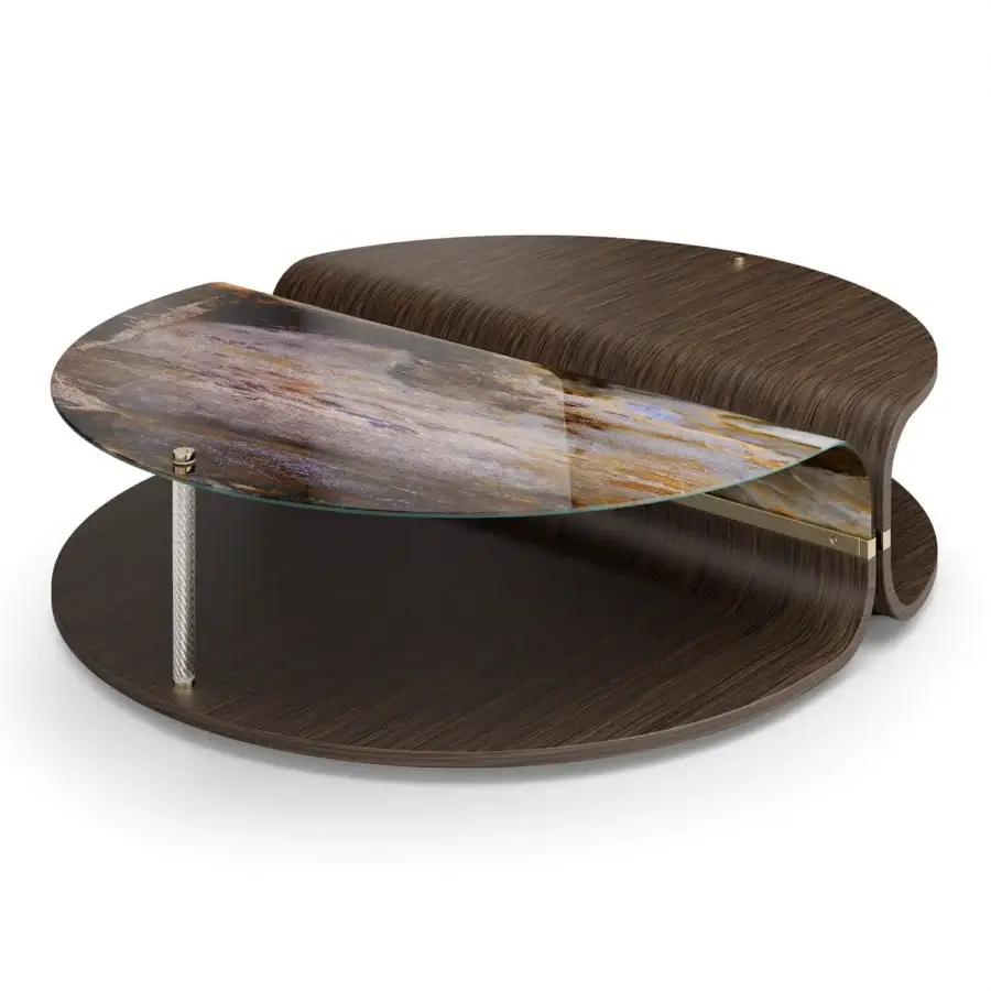 Captivating Sicis Mars coffee table with curved wood, curved glass, and champagne-finished metal inserts in blue, beige, and brown hues with a satin finish