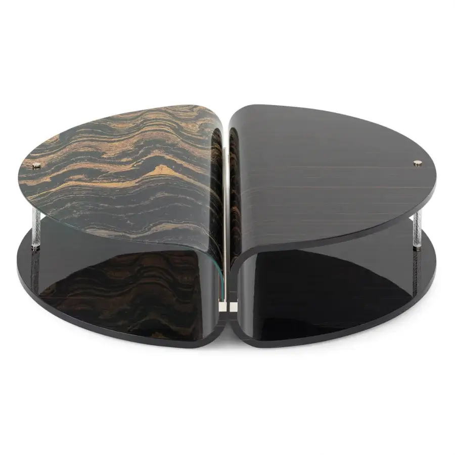 Superior Sicis Mars coffee table with curved dark brown wood, swirling golden grain, and glossy champagne metal accents