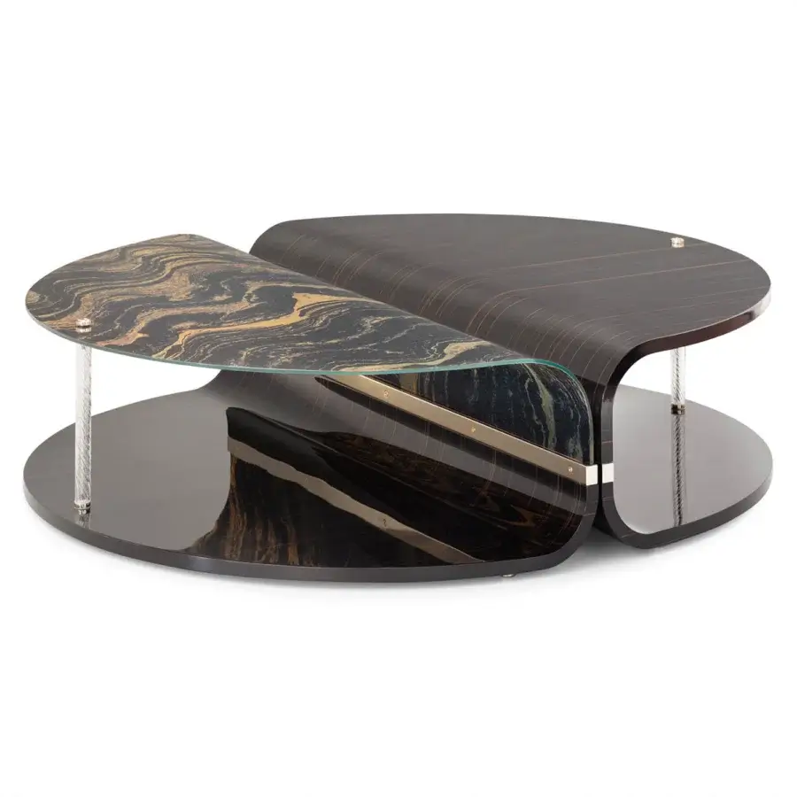 Distinguished Sicis Mars coffee table with curved wood, sleek glass top and glossy champagne metal inserts crafted in dark brown tones