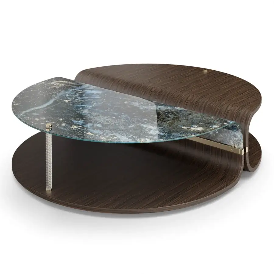 Exceptional Sicis Mars coffee table with dark brown wood, curved glass displaying swirling shades and glossy champagne metal inserts