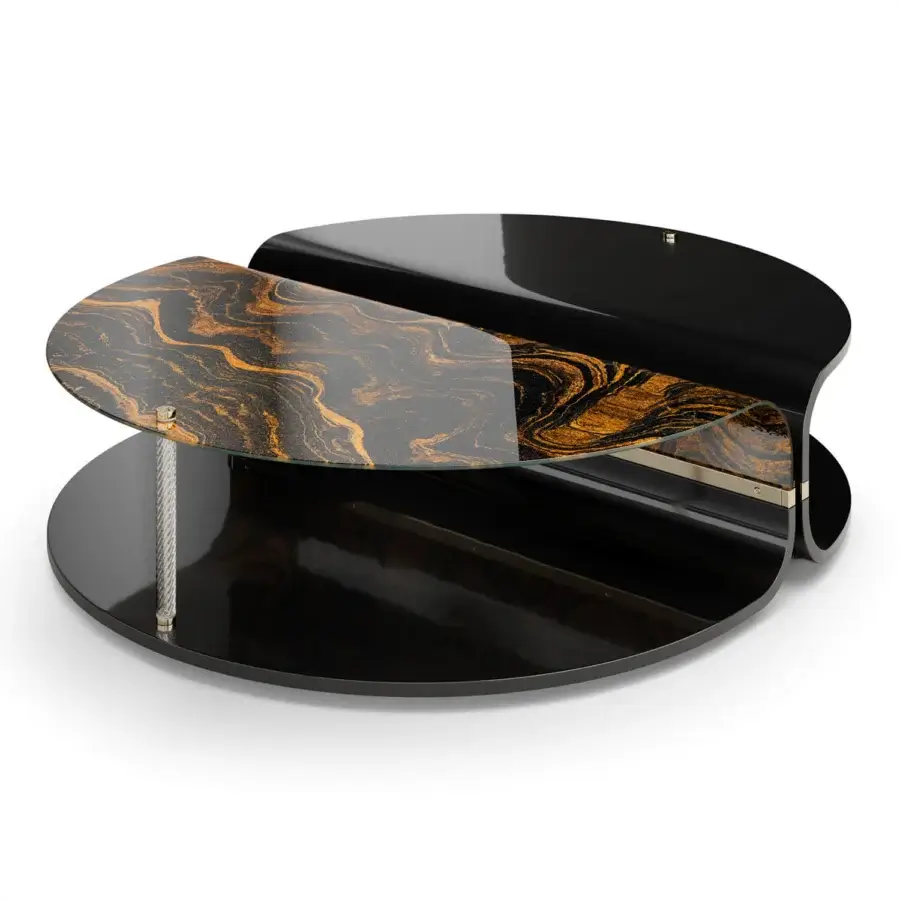 Lavish Sicis Mars coffee table with curved wood, sleek 8mm glass displaying amber and black marbling, plus champagne metal inserts