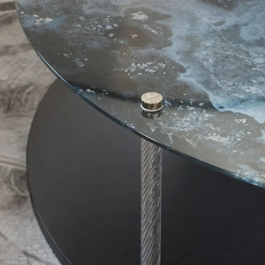 Distinguished Sicis Mars coffee table with curved mottled glass and glossy champagne metal accents in a matte wooden base