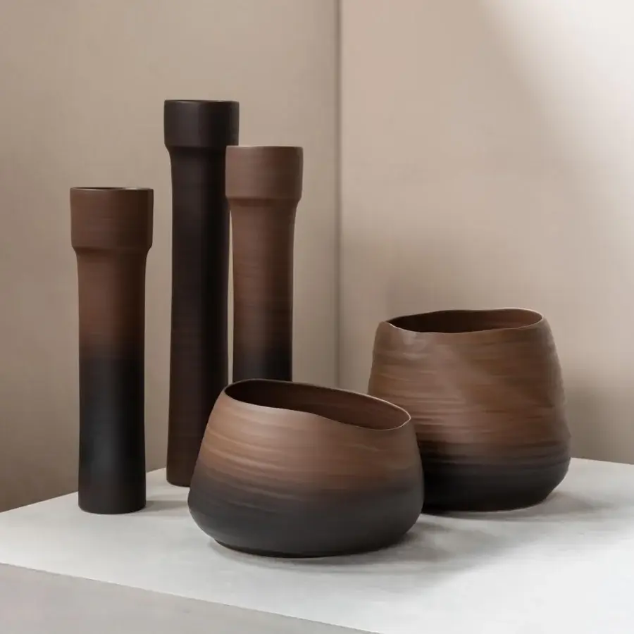Exclusive Rina Menardi Cenote Alto vessel crafted from baked clay in warm brown gradient with matte finish