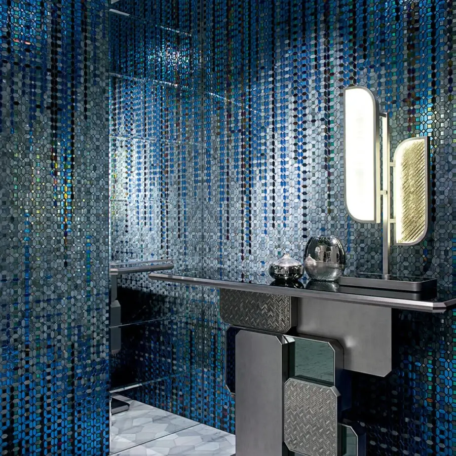 Distinguished Sicis Vienna Console crafted with a dark gray metal frame, textured wood inlays and a high-quality mirror top with mosaic detailing