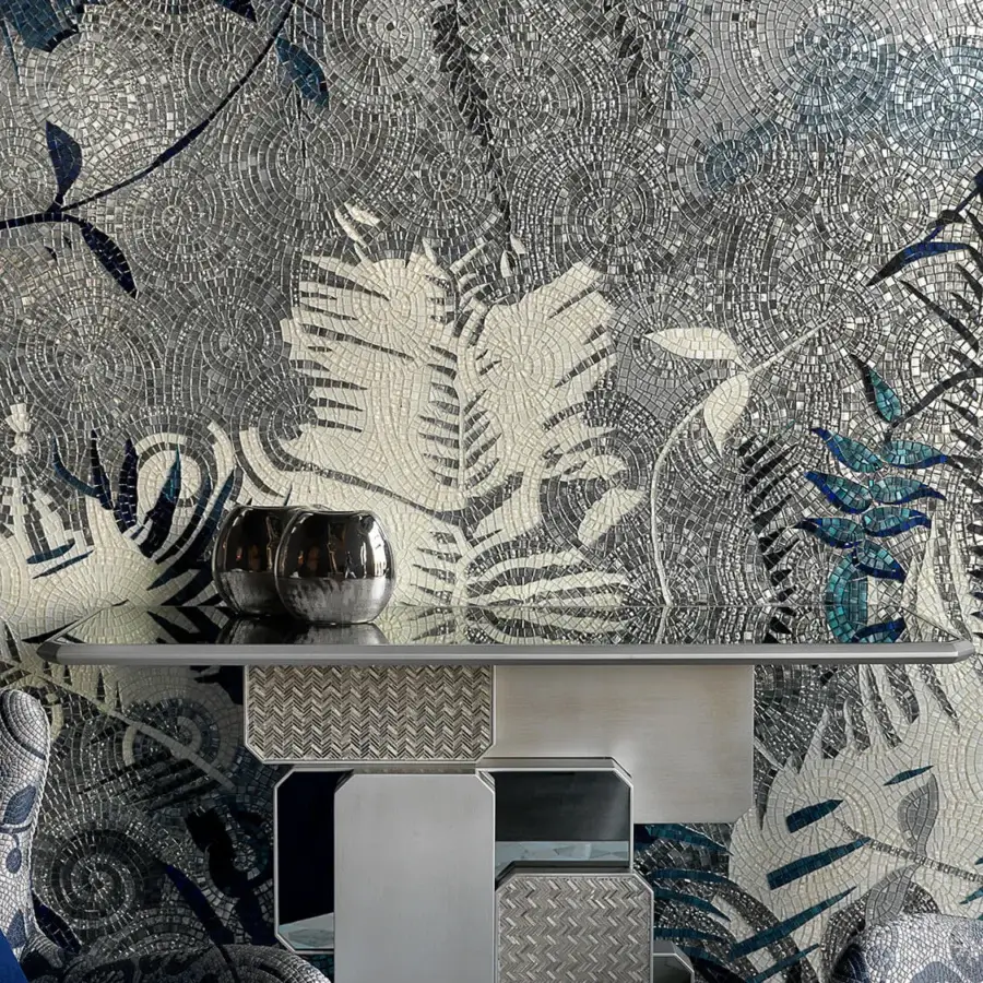 Elegant Sicis Vienna Console crafted with cool gray and a mirror top, showcasing mosaic detailing with a coated finish