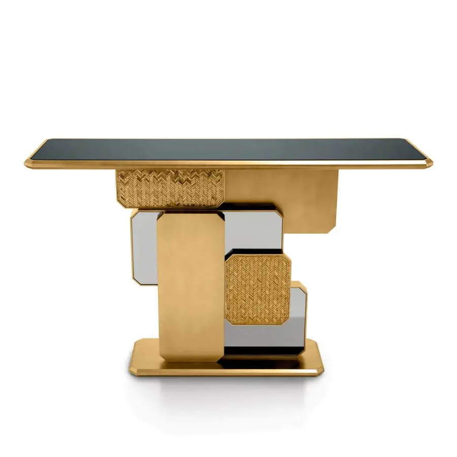 Distinguished Sicis Vienna Console crafted with a polished golden tone metal base and intricate mosaic detailing with a mirror tabletop
