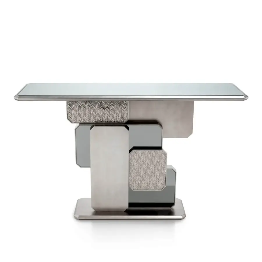Exceptional Sicis Vienna Console crafted with a coated base and high-quality mirror top exhibiting mosaic detailing in a muted silver-grey tone
