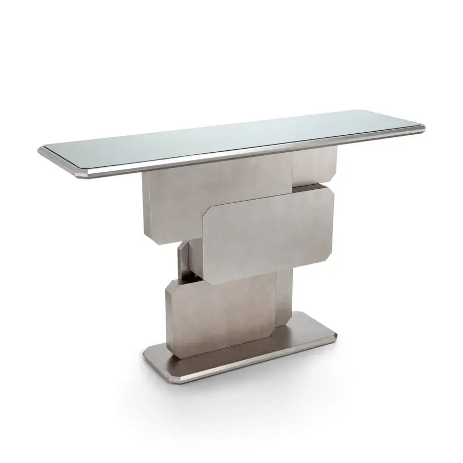 Elegant Sicis Vienna Console crafted with a coated silver-grey metal base and high-quality mirror top with mosaic detailing