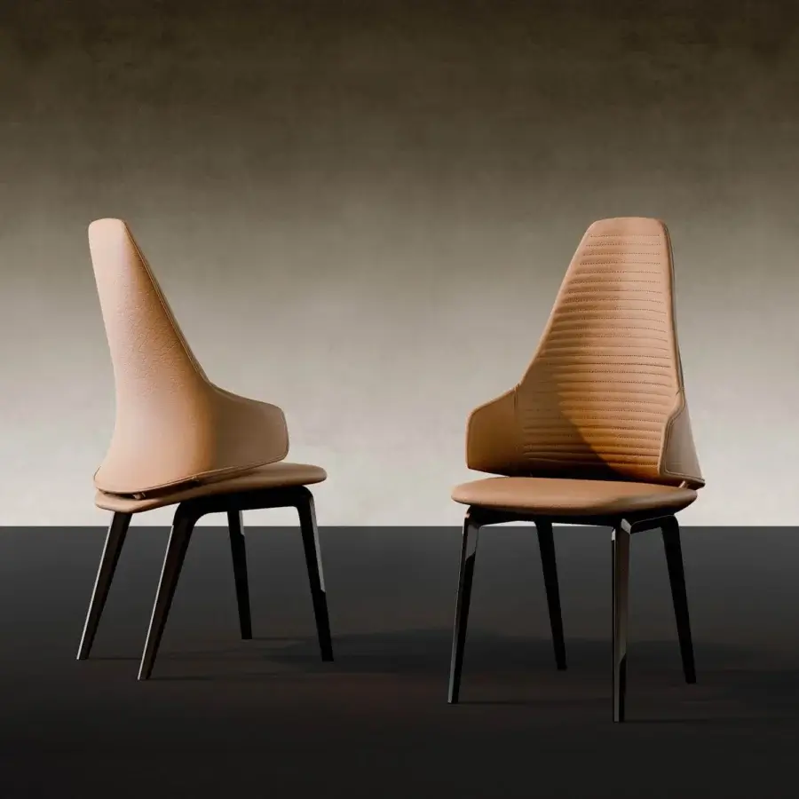 Lavish Reflex Vela chair in tan leather with resin and wood shell, quilted back, and dark glossy lacquered wooden base