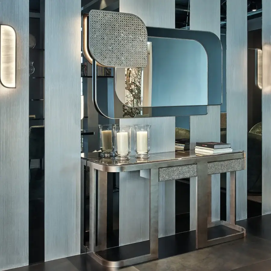Exceptional Sicis Visconti console crafted with polished marble and silver-gray coated lacquered metal, showcasing mosaic detailing in microfiber upholstery
