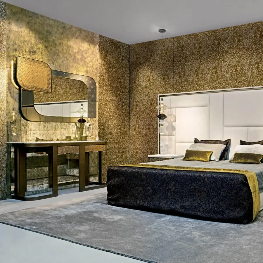 Superior Sicis Visconti console built with polished marble and dark coated lacquered metal exhibiting artistic mosaic detailing