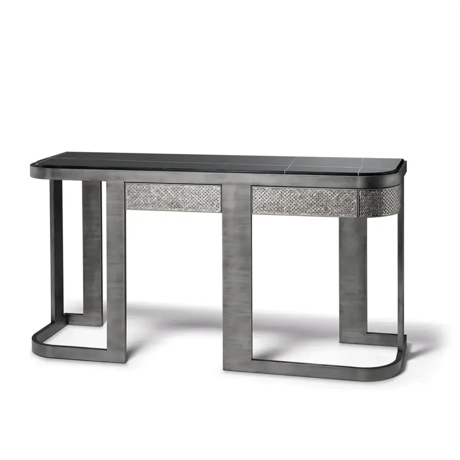 Elegant Sicis Visconti console with a polished marble top and dark gray coated lacquered metal frame crafted in Italy