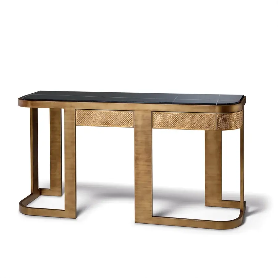 Distinguished Sicis Visconti console crafted with polished marble and coated lacquered metal exhibiting artistic mosaic detailing