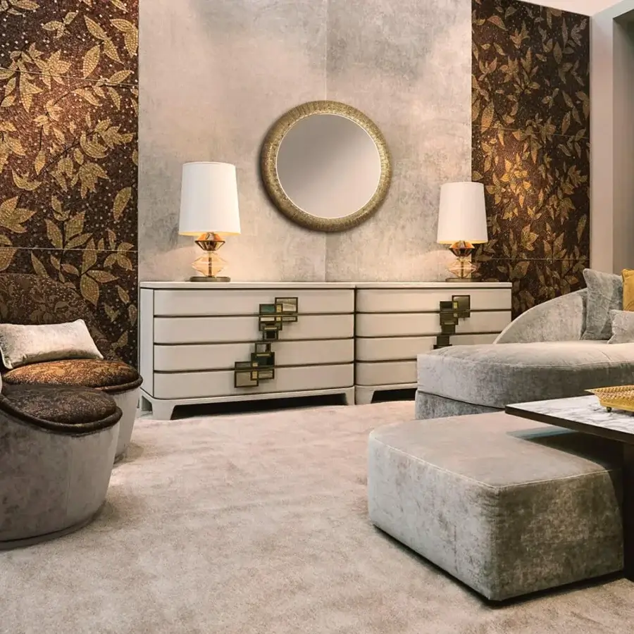 Distinguished Sicis Don Giovanni dresser in light Nabuk with polished chrome handles and delicate mosaic details