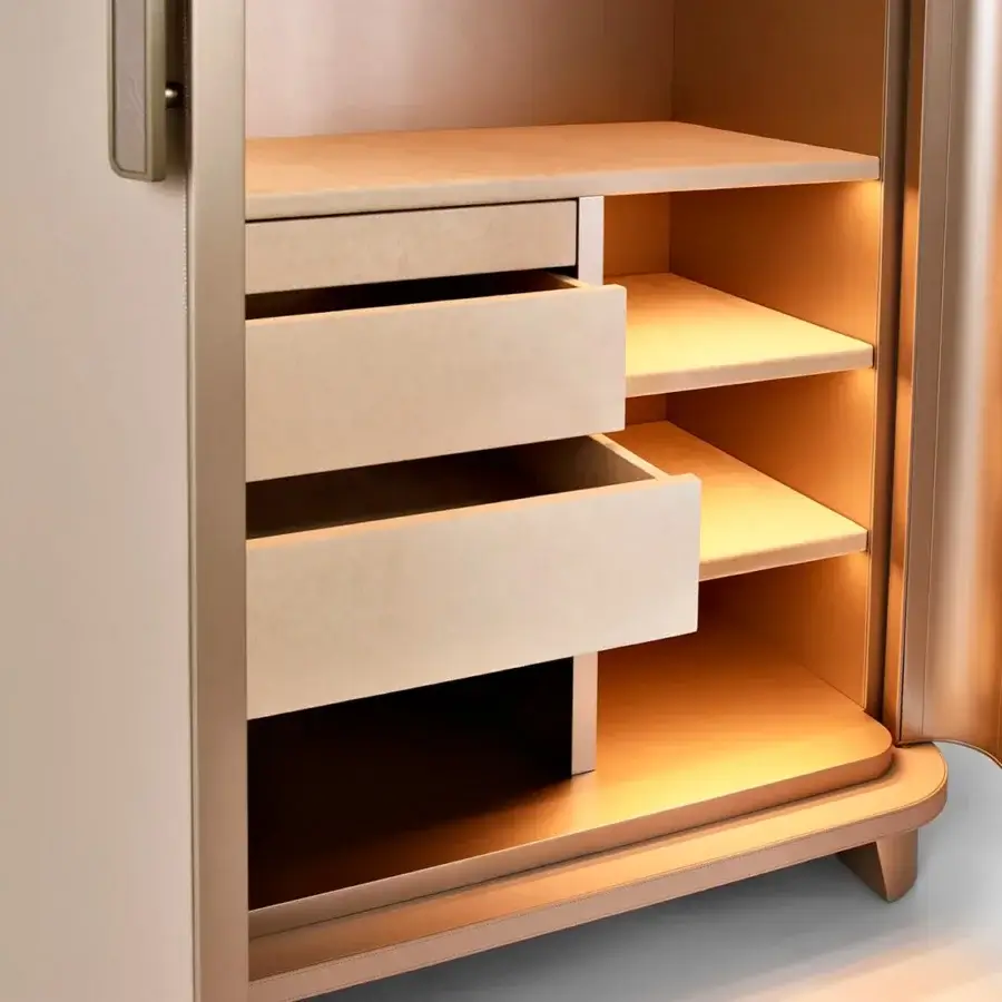 Lavish Sicis Don Giovanni wardrobe in neutral beige leather with rose-gold metal framing and satin finish