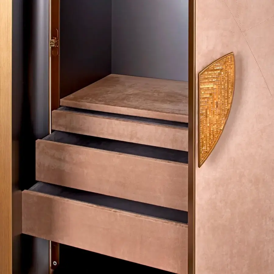Distinguished Sicis Don Giovanni wardrobe in dusty rose velvet with sleek metal lacquer and gilded metal accents crafted in Italy