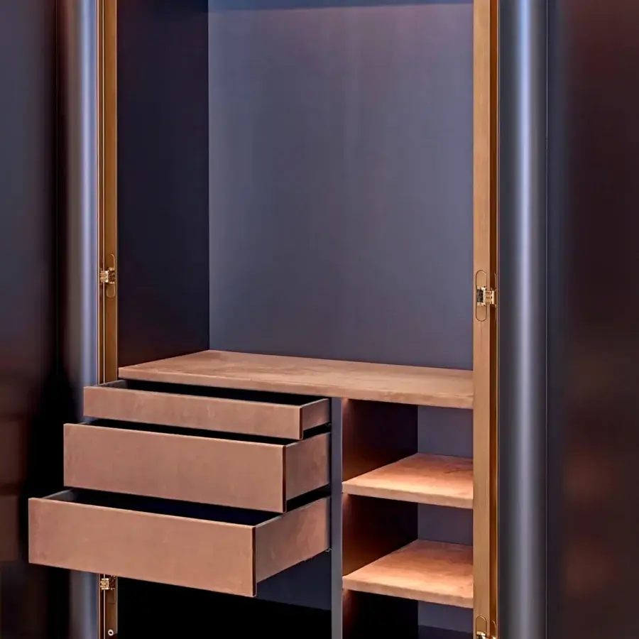 Superior Sicis Don Giovanni wardrobe in medium-toned brown wood with satin grain and sleek metal lacquer interiors crafted with leather upholstery